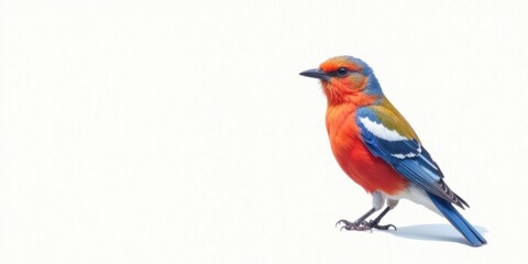 Fototapeta premium Vibrant Scarlet Bird with Blue and Green Accents Posing Against a Pure White Background