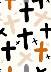 Abstract Seamless Pattern with Crosses in Black, Beige, Burnt Orange and Gray on White Background