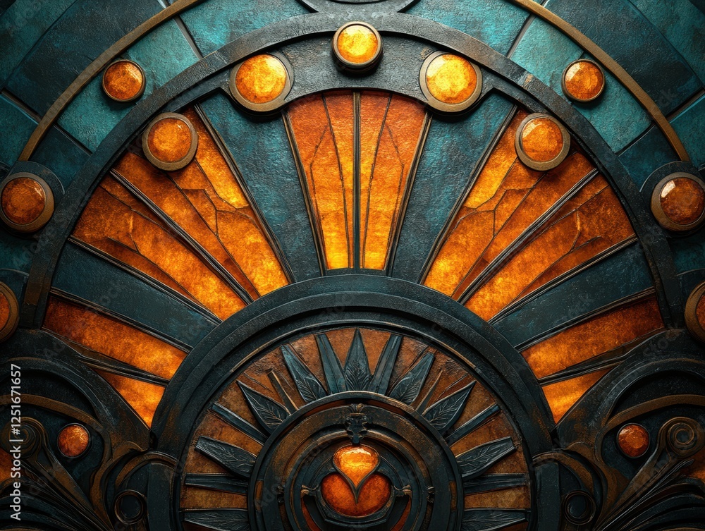 Poster intricate design featuring a sunburst pattern with warm colors and textures.
