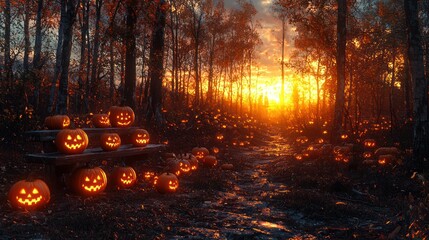 Jack-o'-lanterns illuminate autumn forest path sunset