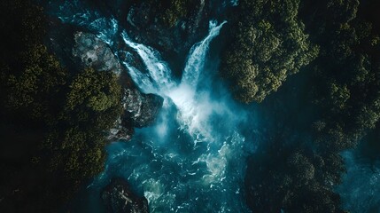 Obraz premium Serene waterfall cascading in lush green forest, vibrant blue water creating a peaceful, refreshing atmosphere, ideal for relaxation.