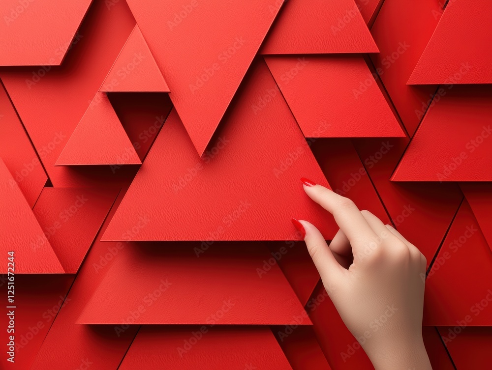 Poster a hand interacts with layered red triangular shapes on a textured background.