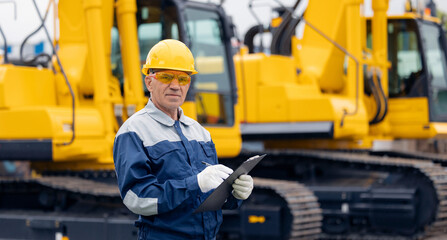 Worker with tablet inspects bulldozer at coal and sand quarry, concept industry truck maintenance