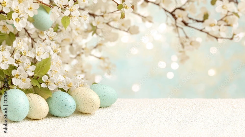 Poster easter eggs with blossoms and bokeh lights in a spring setting on textured cloth surface.