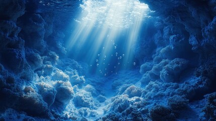 Obraz premium Underwater Scene Ethereal Bubbles Coral Deep Blue Surreal Ocean Abstract Seascape