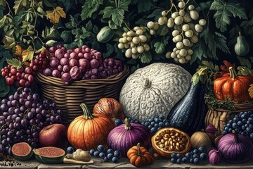 Abundant autumn harvest displays an array of fruits and vegetables