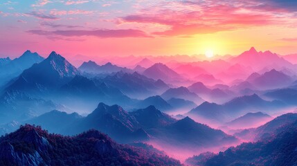 Obraz premium Pink sunrise over misty mountain range, aerial view
