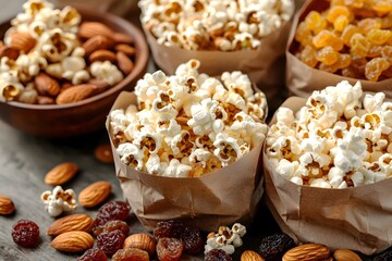 Fototapeta premium Movie Night Snacks: A delectable spread of popcorn in rustic paper bags, alongside bowls of almonds and raisins, creates the perfect atmosphere for a cozy movie night. 