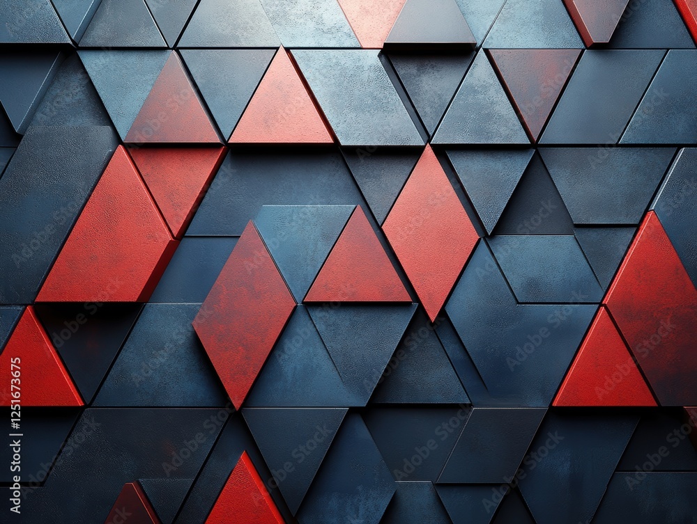 Poster abstract geometric design featuring red and blue triangular shapes.