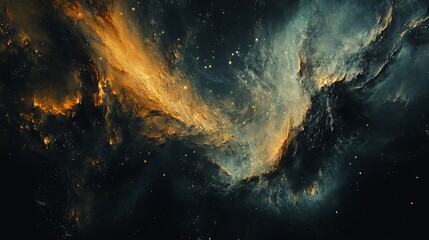 Cosmic nebula with vibrant orange and teal gas clouds, scattered stars, and dark interstellar dust.