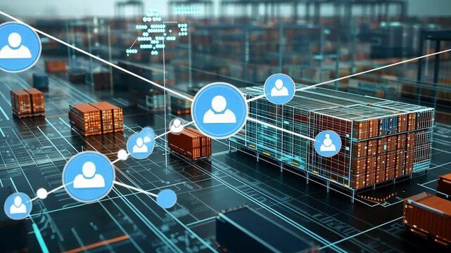 Futuristic visualization of a logistics network managing cargo containers using artificial intelligence, optimizing transport and delivery with innovative technology