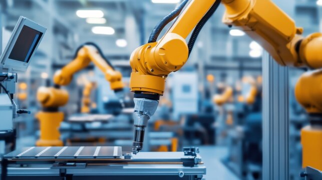 Technicians in an advanced semiconductor manufacturing facility in the USA, carefully handling silicon wafers using precision robotic arms and automated machinery