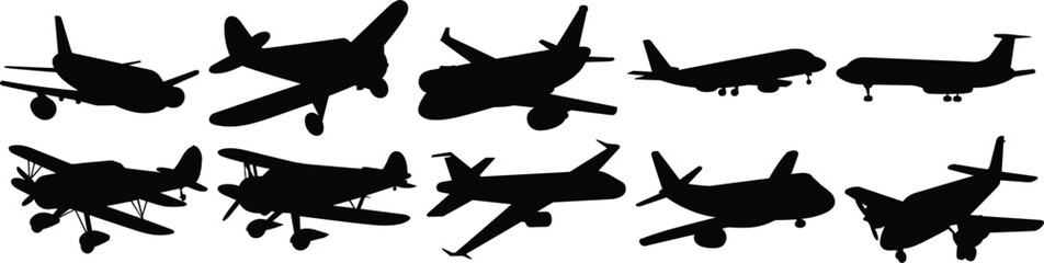 Plane silhouettes set, airplane pack of vector silhouette design, isolated background