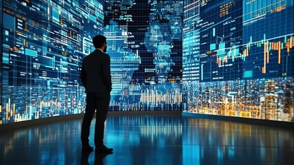 A businessman stands in front of a large screen displaying data and financial information. - Powered by Adobe