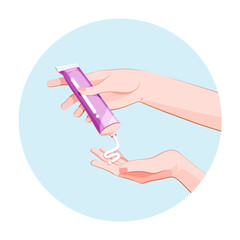 Application of cosmetic cream on the female hands skin from tube. Spa skincare wellness procedure icon for infographics, presentations, web design, poster, banner. Modern flat style. Vector colorful