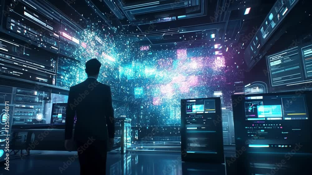 Poster futuristic cyberspace server room with programmer working on computer and digital data flowing, conc