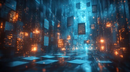 Naklejka premium AI Driven Document Analysis in a Futuristic Digital Landscape with Machine Learning and Data Extraction