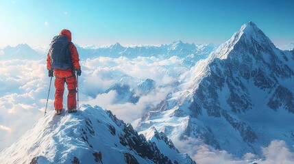 Climber summit success mountain range sunrise achievement