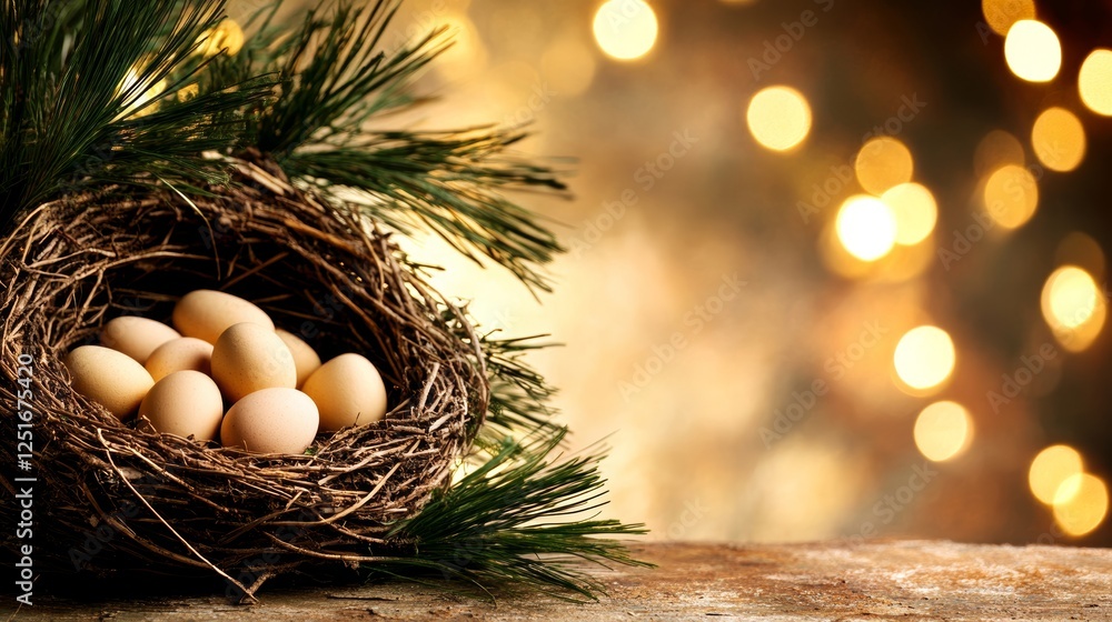 Poster eggs nest on wooden surface with blurred gold bokeh background and pine branches above.
