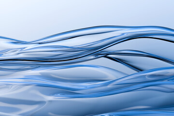 Smooth glass waves with mirror reflections create an effect of fluid motion. Blue tones add a sense...