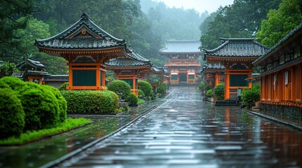 Fototapeta premium Rainy Temple Path, Japan, serene, misty mountains