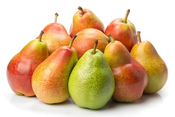 Fresh ripe pears piled on white background. Close-up of a group of fresh, ripe pears with green and red hues, arranged in a pile and isolated on a white background.  