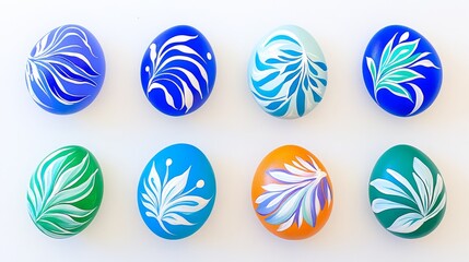 Eight Decorated Easter Eggs with Floral Designs in Various Colors on a White Background.