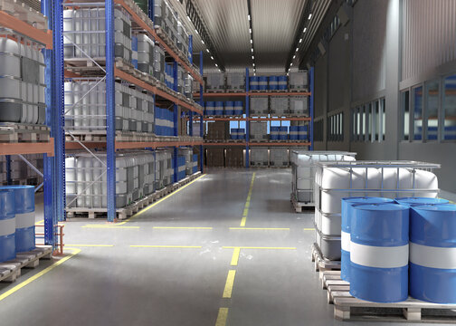 industrial warehouse with metal shelving holds large chemical barrels and containers. The organized storage system ensures efficient logistics and safe handling 3d image