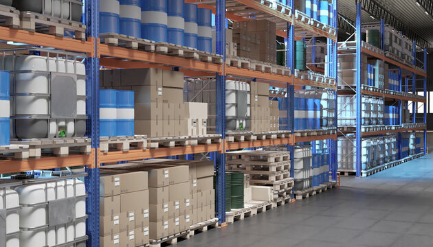 well-organized industrial warehouse with stacked pallets containing chemical drums, large liquid containers, and cardboard boxes for efficient storage and logistics 3d image