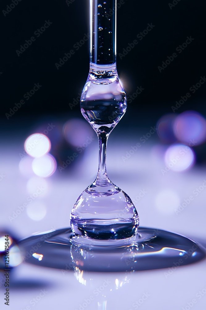 Poster mesmerizing water drop collision captured in purple hues creating hourglass shape with bokeh backgro