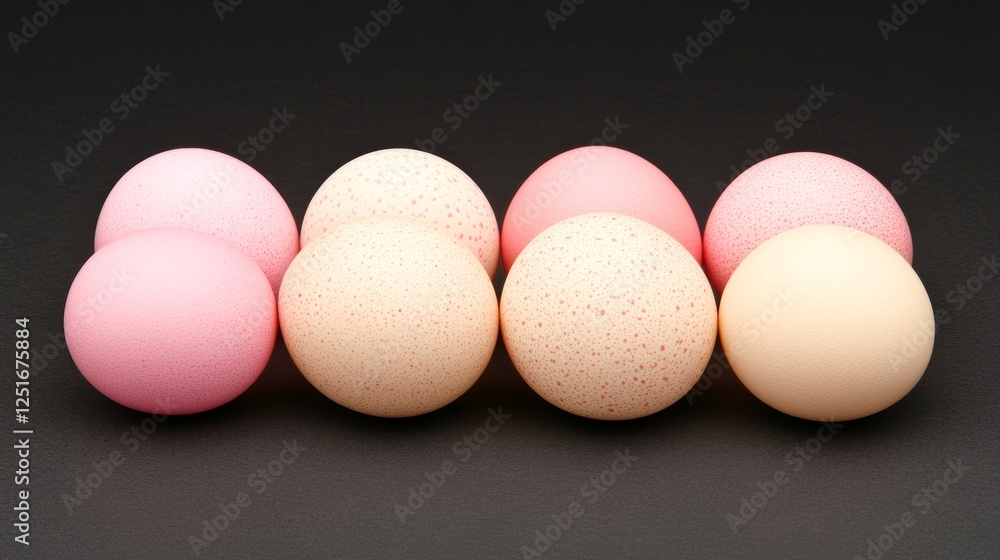 Aufkleber eight spherical eggs with mottled patterns on solid dark background in horizontal arrangement.