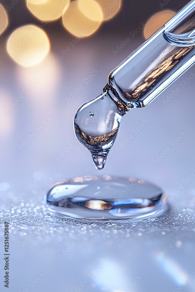 Poster glass dropper with clear liquid forming a drop above shimmering surface, captured in macro with soft