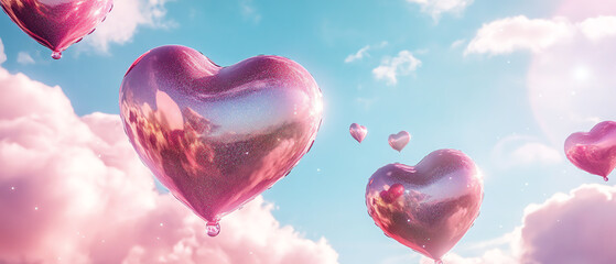A dreamy scene with heart-shaped balloons floating against a soft pink and blue sky. The clouds add a whimsical feel, perfect for themes of love, romance, and celebration.