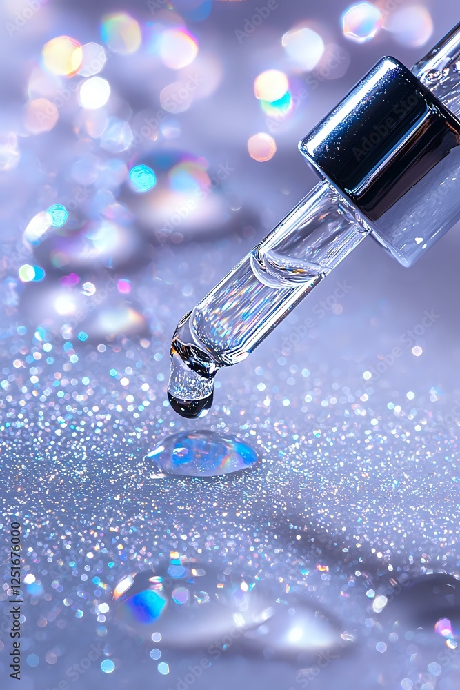 Poster glass dropper with transparent liquid drop falling onto sparkly glittery surface with bokeh lights a