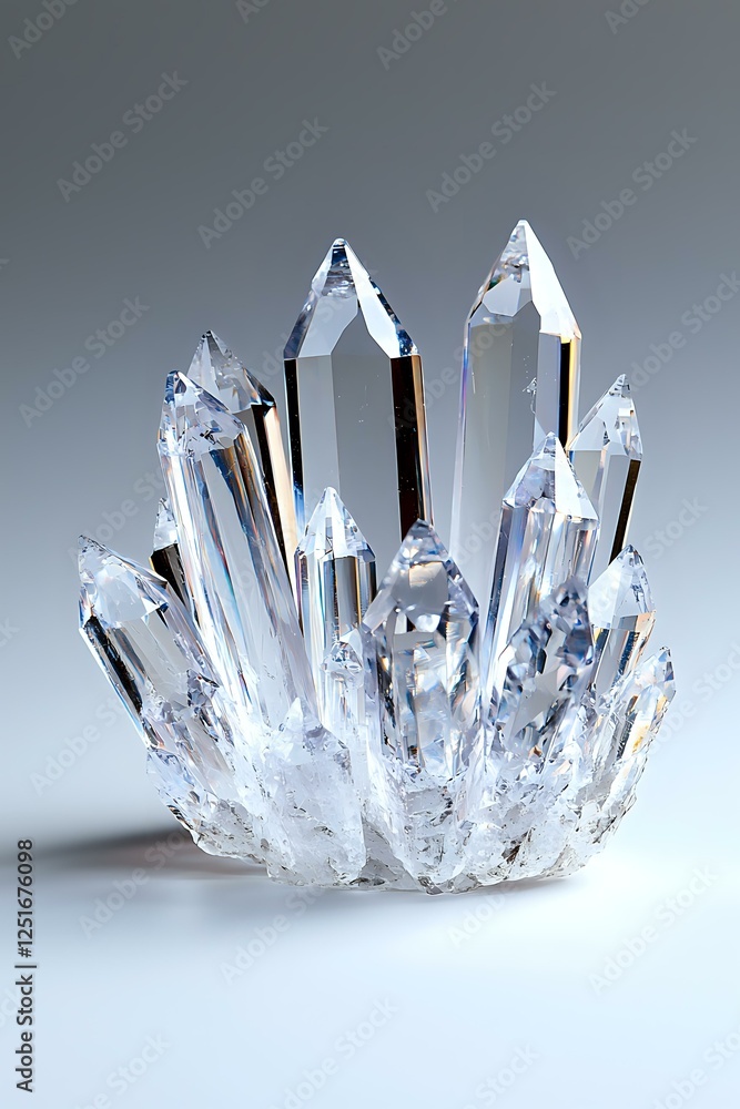 Poster clear quartz crystal cluster formation with multiple pointed terminations on white background, showi