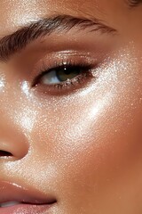 Close-up of a woman's face with glowing, dewy skin and shimmering makeup highlights. Green eye with glitter details and glossy lips create ethereal beauty look.