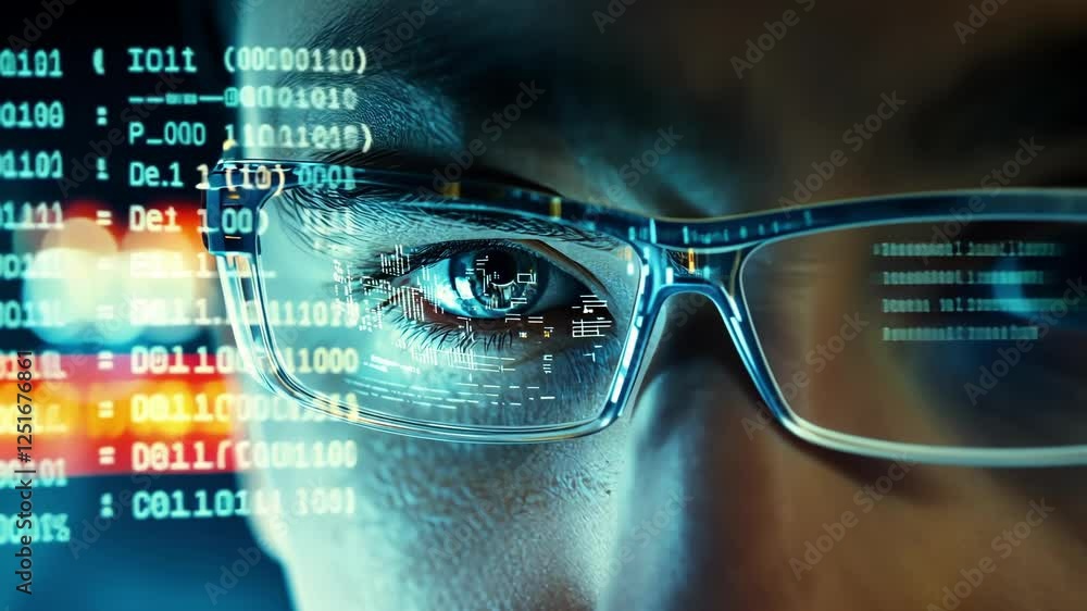 Poster close up of scientist wearing futuristic glasses displaying data analysis in a laboratory setting, s