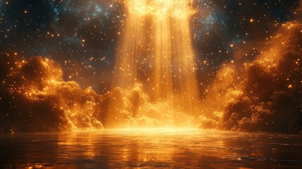 Award Ceremony Stage with Golden Podium Illuminated by Spotlights and Sparkling Rays of Light