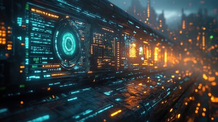 Digital Data Organization Metadata Tagging and Taxonomy Structures in a Futuristic Cyberpunk Landscape