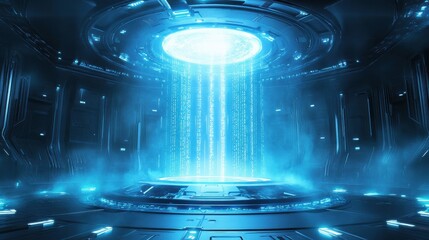 High-tech quantum processor glowing under binary holographic code