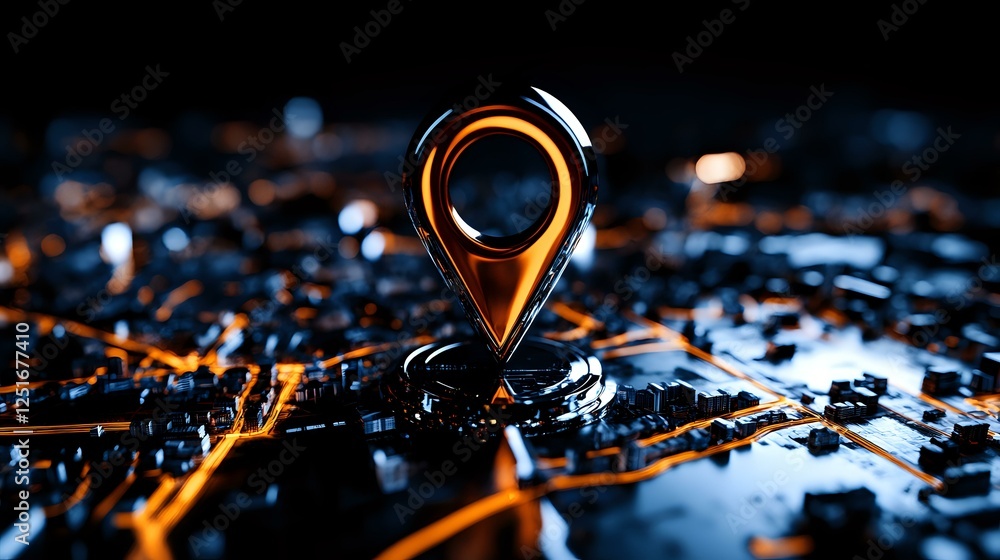 Poster glowing orange location pin marker on dark city map with dramatic lighting and shallow depth of fiel