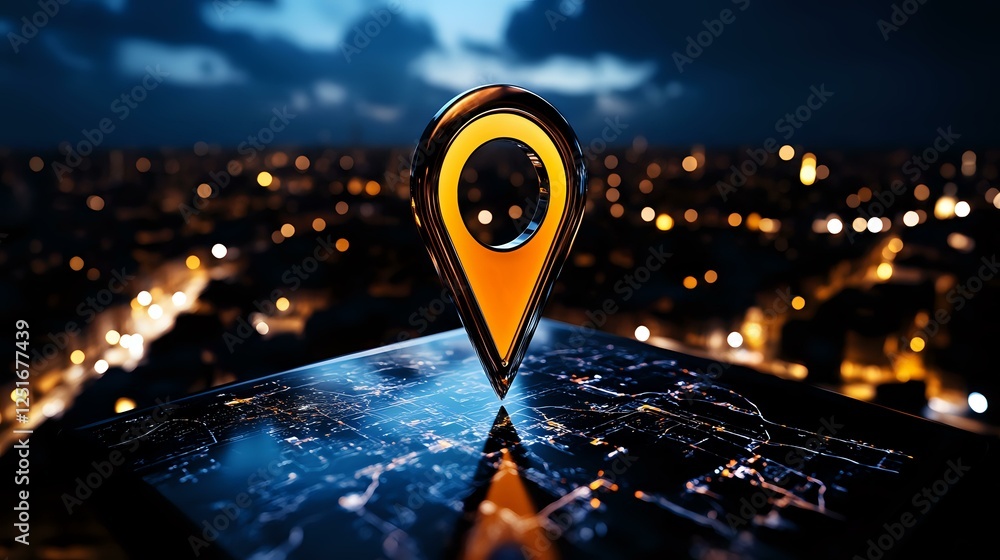 Poster glowing location pin marker on digital map against blurred city lights background at night, represen
