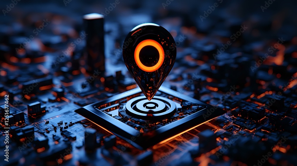Poster glowing orange location pin marker on digital circuit board with concentric circles, dramatic lighti