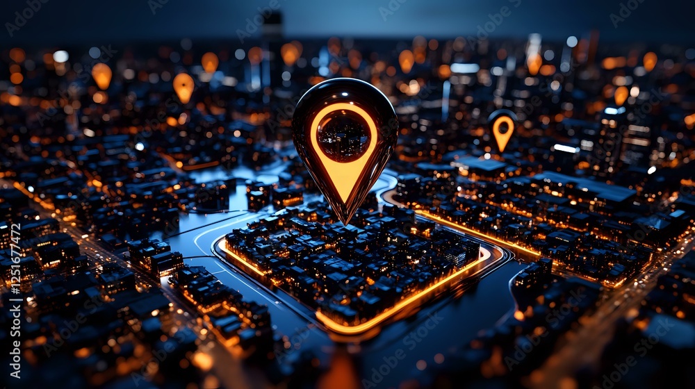 Poster glowing location pin marker over futuristic city map with illuminated navigation points at night, di