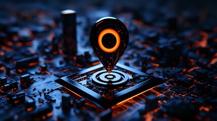 Glowing orange location pin marker on digital circuit board with concentric circles, dramatic lighting and shallow depth of field for technology concept.