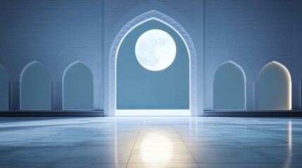Moonlight shining through a window into the interior of an Islamic mosque Ramadan Kareem Islamic background 3D render illustration