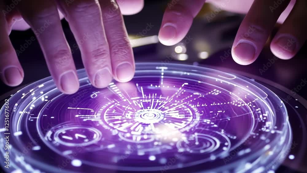Poster programmers interacting with a glowing circular holographic interface, manipulating data, code, and 