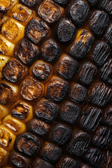 A cross-sectional texture of burnt corn with yellow and scorched charred black
