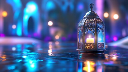 Ornate Arabic lantern with a burning candle glowing at night A festive greeting card and invitation for the Muslim holy month of Ramadan Kareem