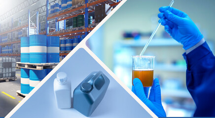 Analysis chemical composition of petroleum. Laboratory hands technician near barrels of oil. Checking petroleum products for chemical composition. Lab assistant holding petroleum sample in test tube